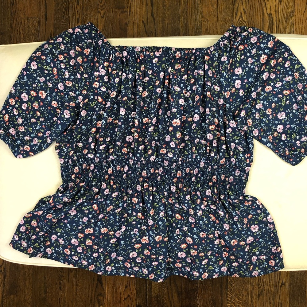 Lane Bryant Floral on Navy Puff Sleeve Blouse